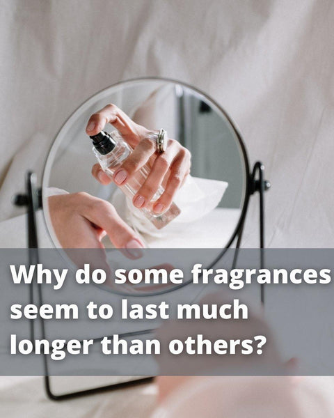 Hand holding a clear perfume bottle reflected in a round mirror with educational text overlay.