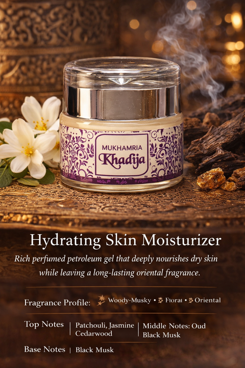 Mukhamria Khadija Hydrating Skin Moisturizer 45ml – Patchouli, Oud & Black Musk Petroleum Gel