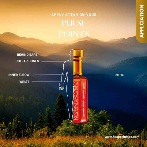 Attar Emani essential parfum oil bottle by HSA Perfumes, pulse points application guide, nature backdrop.